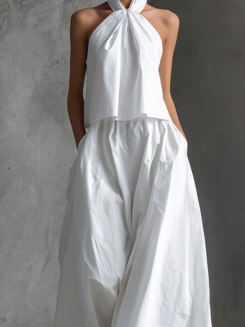 White Linen Halter-Neck Top & Skirt Set