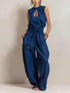 Dark Blue Cotton Linen Round-Neck Sleeveless Jumpsuit