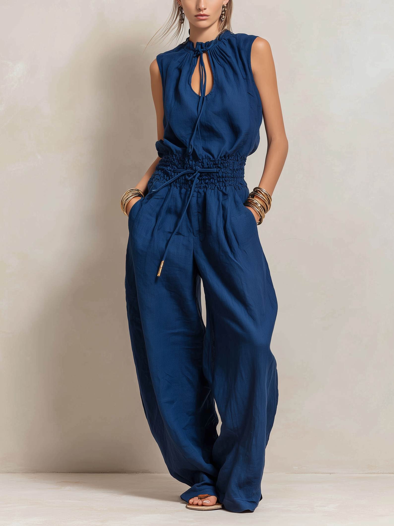 Dark Blue Cotton Linen Round-Neck Sleeveless Jumpsuit