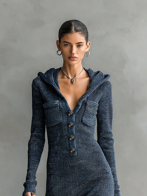 Hooded Knit Slim Maxi Dress