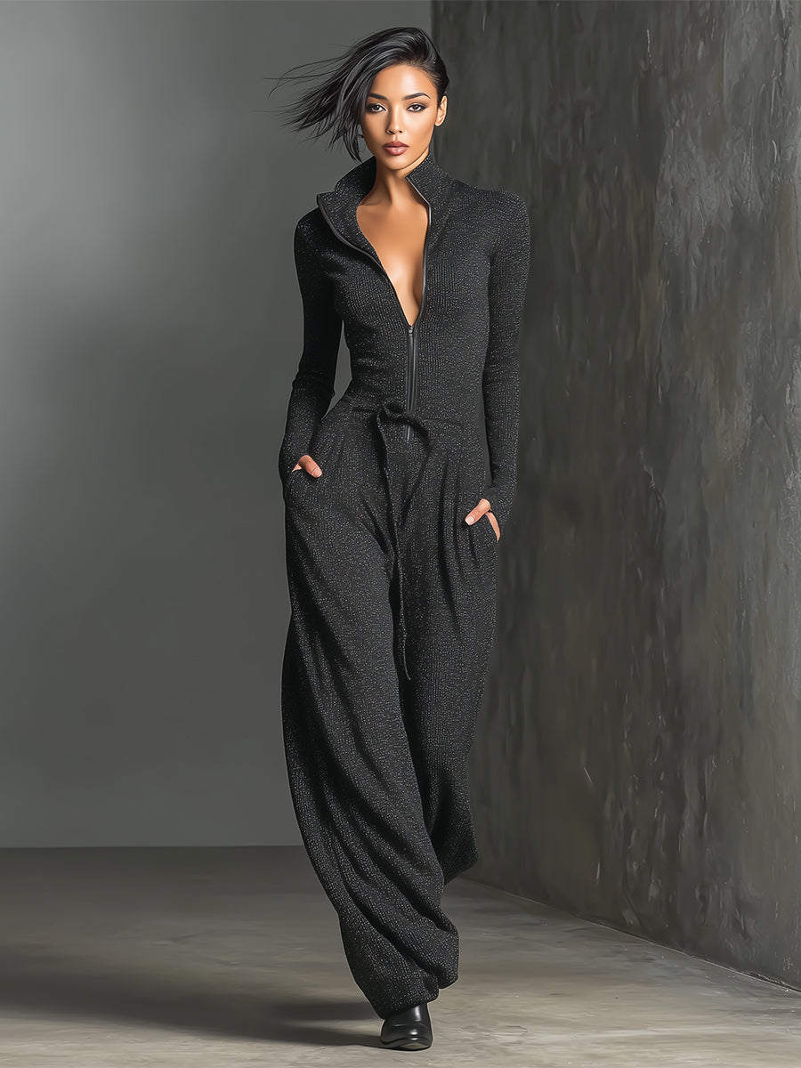 Sparkling Knit Zipper Front Jumpsuit