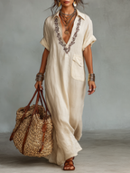 Women's Minimalist Linen Blend Embroidered Short-sleeved Shirt Maxi Dress MDZ0600A1Y