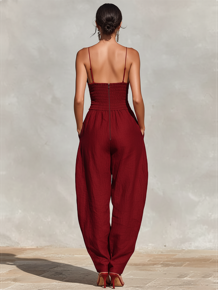 Red Linen Spaghetti Strap Pleated Jumpsuit
