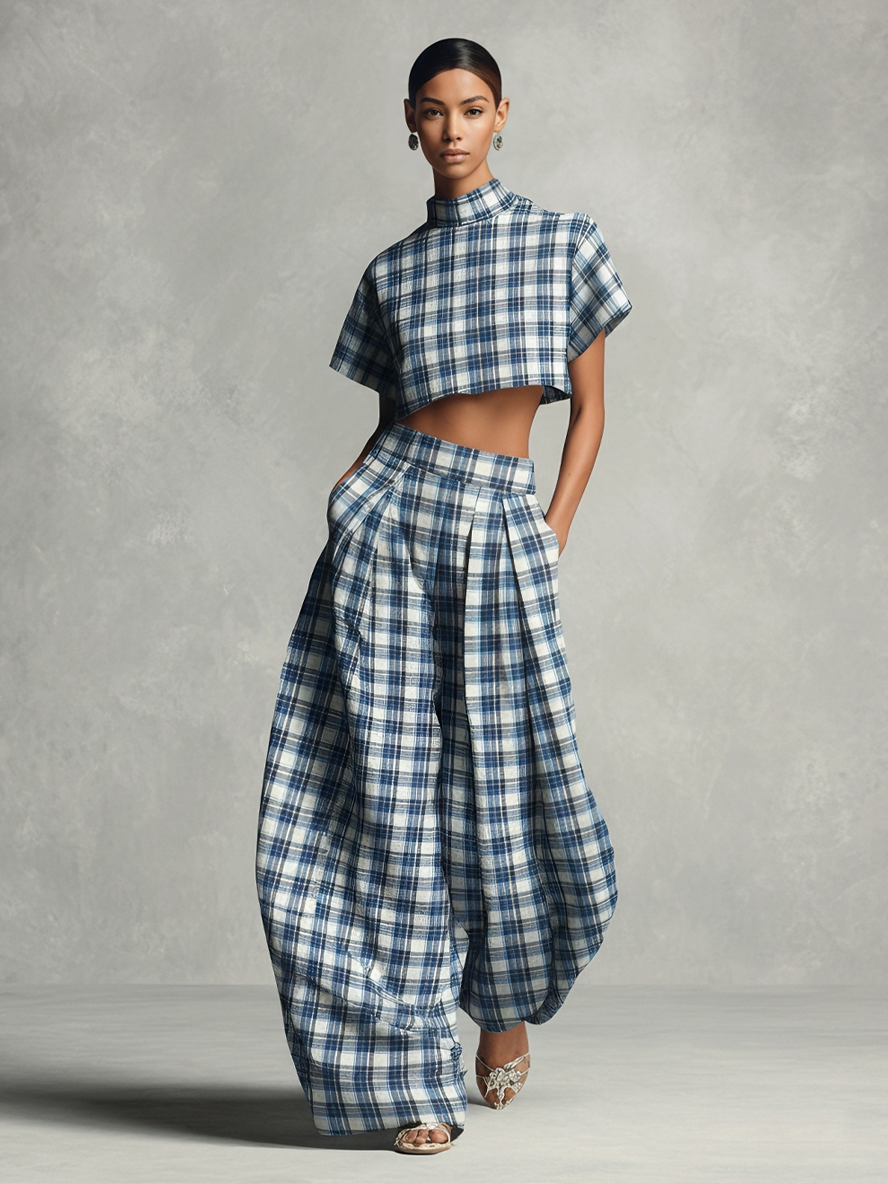 Plaid Turtleneck Crop Top & Wide-Leg Set