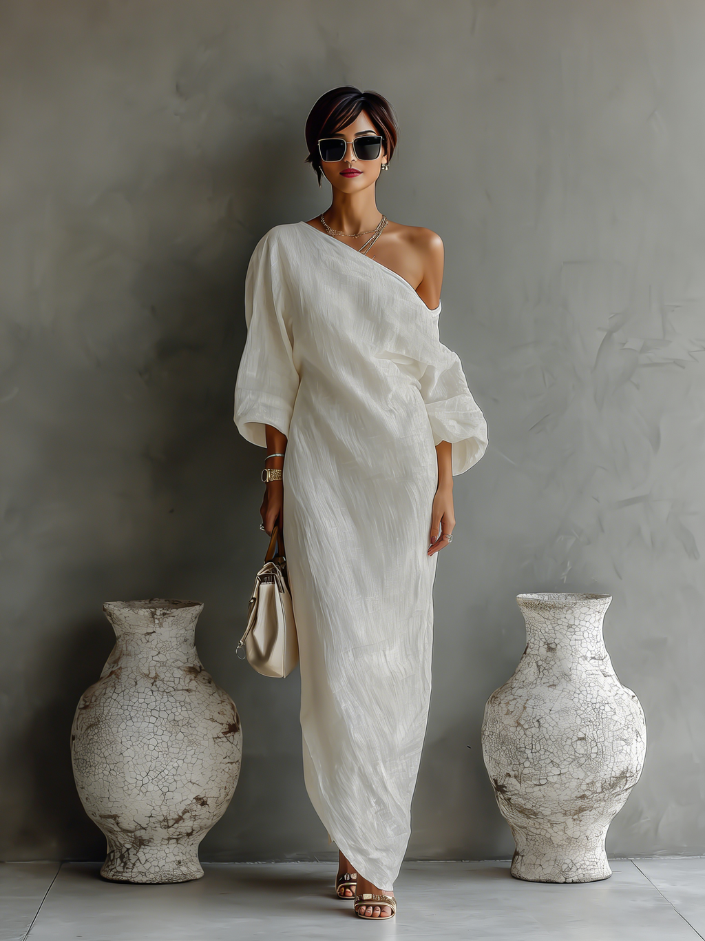 Ivory One-Shoulder Flowing Dress
