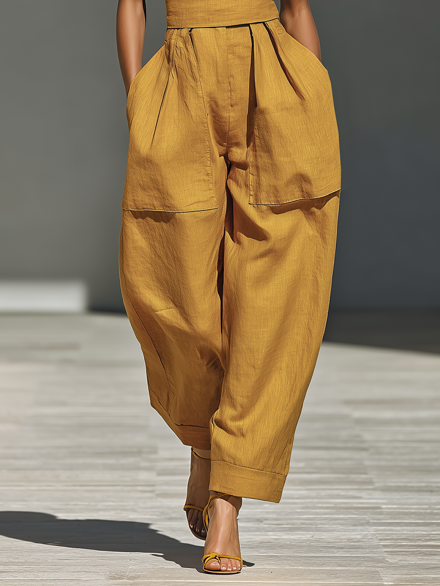 Mustard Linen Crisscross Neck Jumpsuit