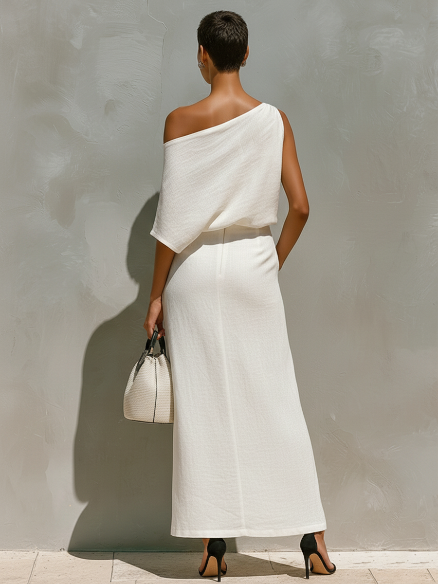 White Linen One-Shoulder Knot Slit Set