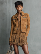 Cropped Suede Lapel Zipper Jacket