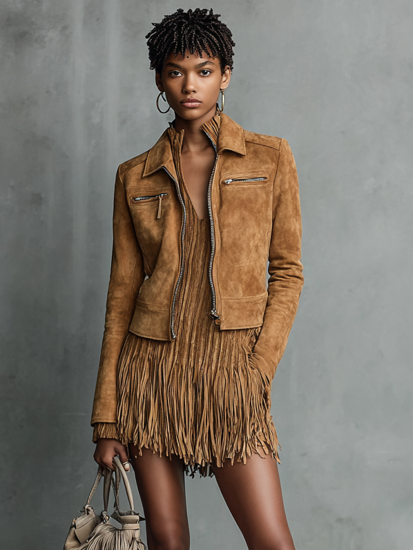 Cropped Suede Lapel Zipper Jacket