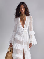 White Crochet Ruffle V-Neck Cardigan