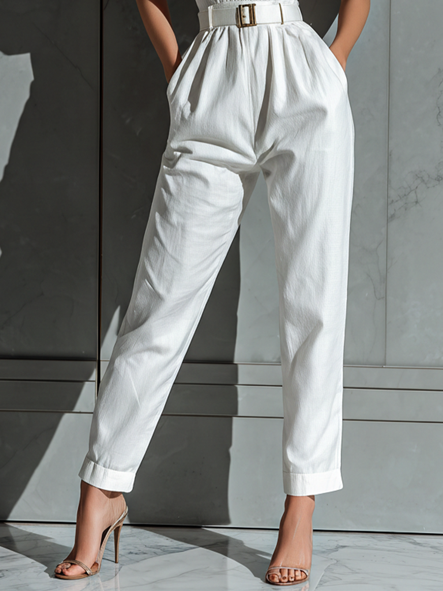 Ivory Linen Cinched Waist Wide-Leg Jumpsuit