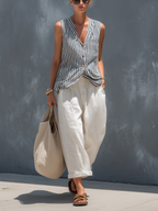 Striped Woven Vest & Linen Trousers Set