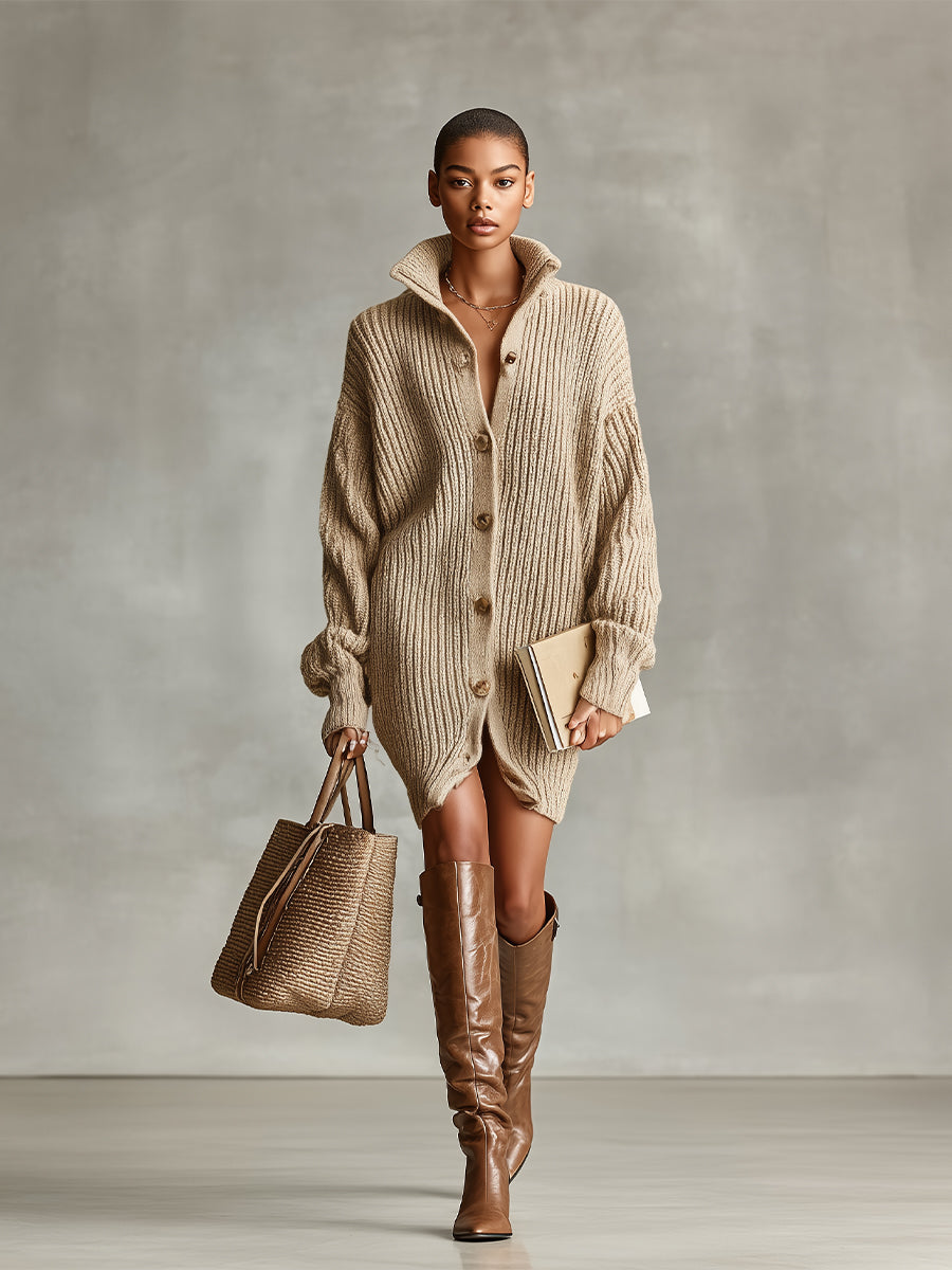 Camel Button-Front Oversized Cardigan Mini Dress