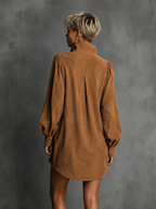 Suede Embossed V-Neck Long-Sleeve Dress