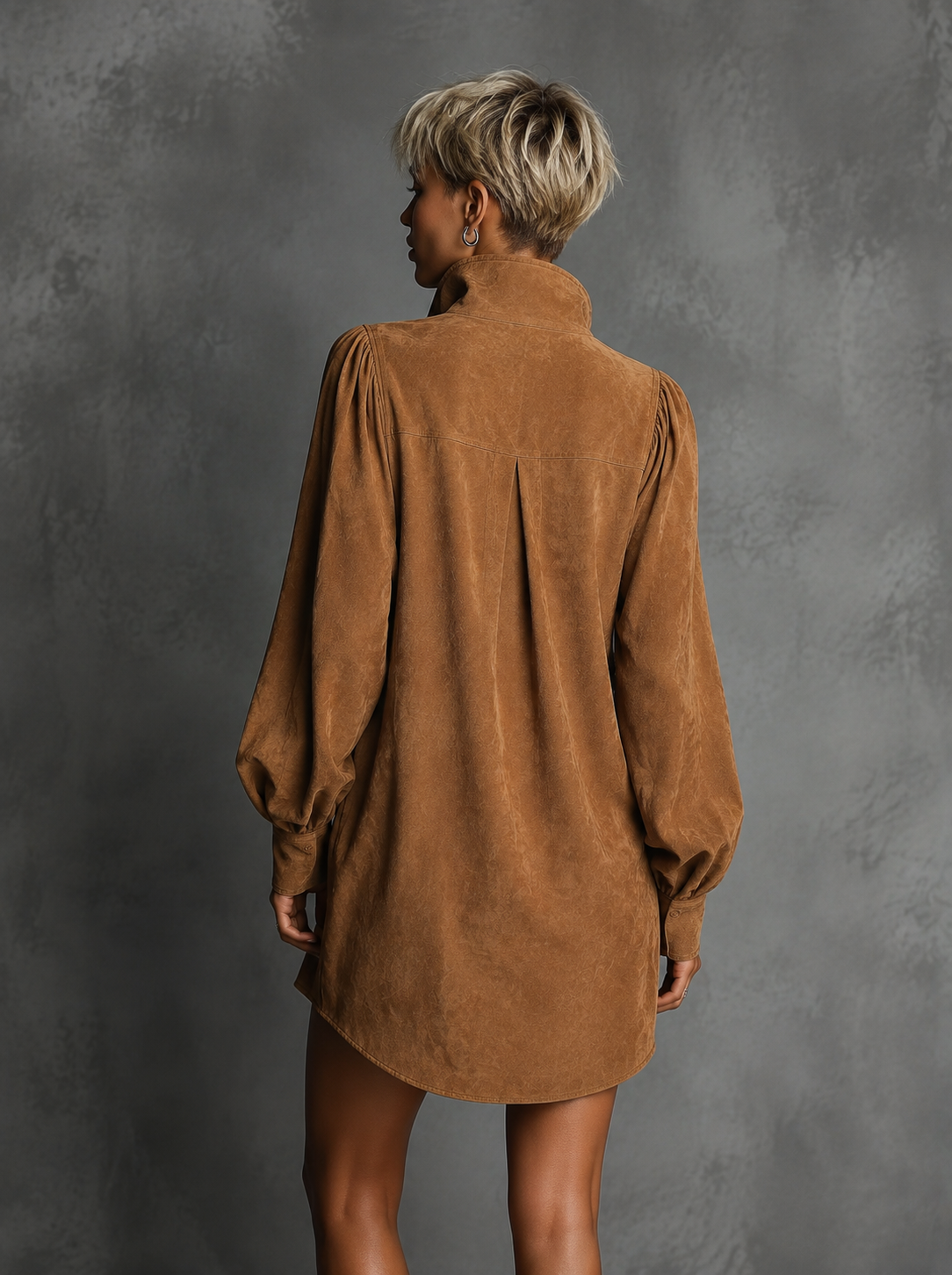 Suede Embossed V-Neck Long-Sleeve Dress