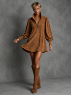 Suede Embossed V-Neck Long-Sleeve Dress