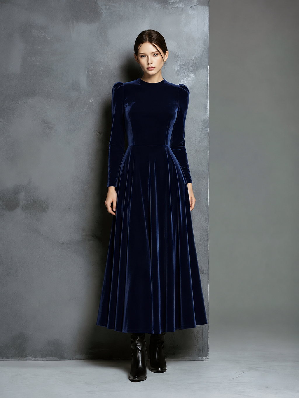 Women's Elegant Navy Blue Velvet High-neck Long-sleeved Loose-fitting Maxi Dress MDZ1680A8AN
