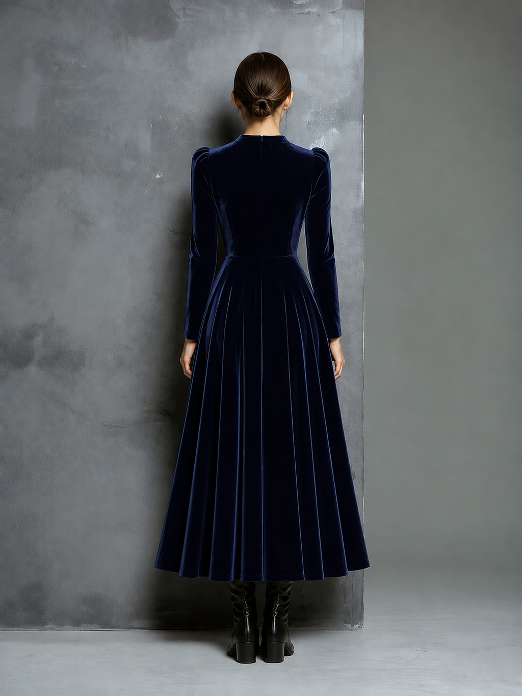 Women's Elegant Navy Blue Velvet High-neck Long-sleeved Loose-fitting Maxi Dress MDZ1680A8AN