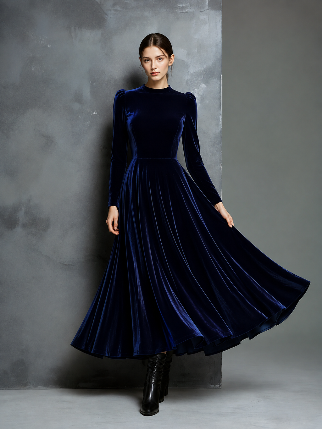 Women's Elegant Navy Blue Velvet High-neck Long-sleeved Loose-fitting Maxi Dress MDZ1680A8AN