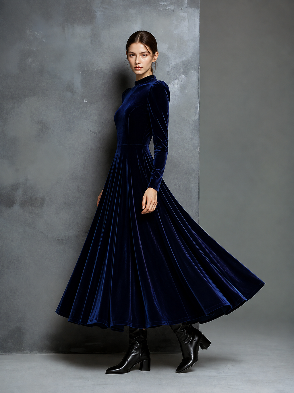 Women's Elegant Navy Blue Velvet High-neck Long-sleeved Loose-fitting Maxi Dress MDZ1680A8AN