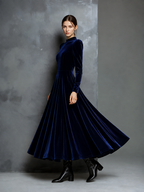 Women's Elegant Navy Blue Velvet High-neck Long-sleeved Loose-fitting Maxi Dress MDZ1680A8AN