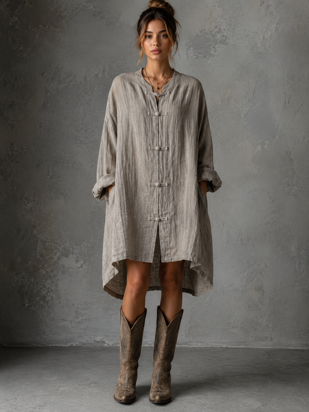 Cotton Linen Button Lapel Mini Dress
