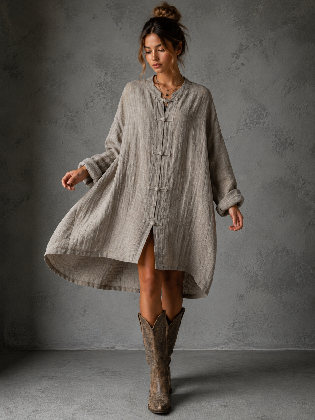 Cotton Linen Button Lapel Mini Dress