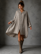 Cotton Linen Button Lapel Mini Dress