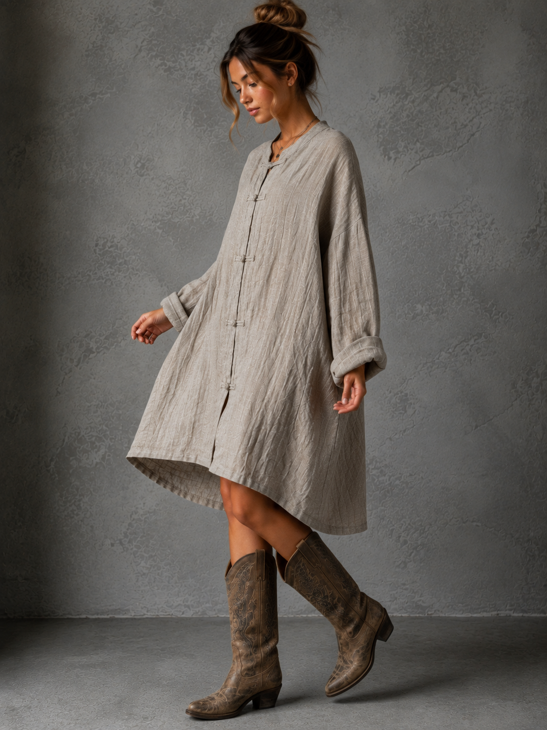 Cotton Linen Button Lapel Mini Dress