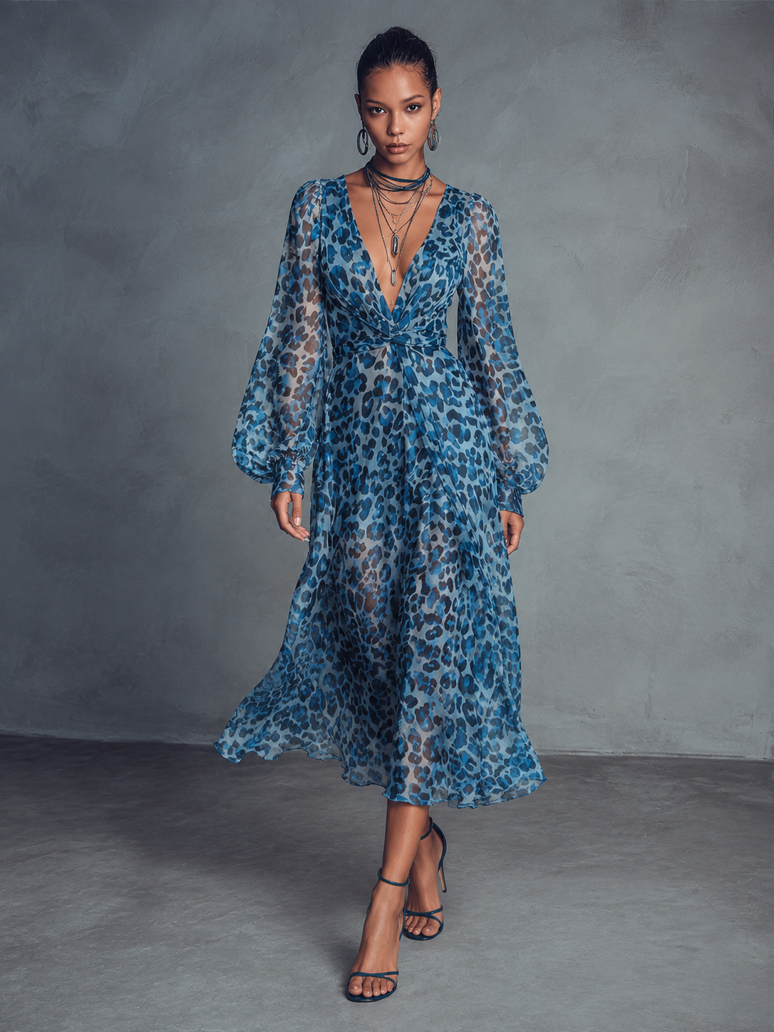 Women's Bohemian Style Blue Floral Print V-Neck Lantern Sleeve Chiffon Maxi Dress MDZ1067B8BA