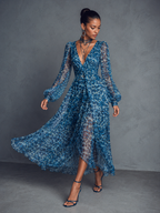 Women's Bohemian Style Blue Floral Print V-Neck Lantern Sleeve Chiffon Maxi Dress MDZ1067B8BA