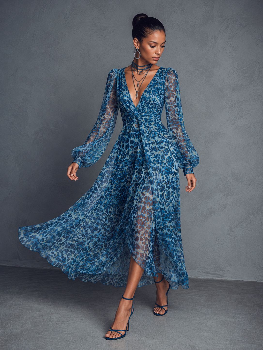 Women's Bohemian Style Blue Floral Print V-Neck Lantern Sleeve Chiffon Maxi Dress MDZ1067B8BA