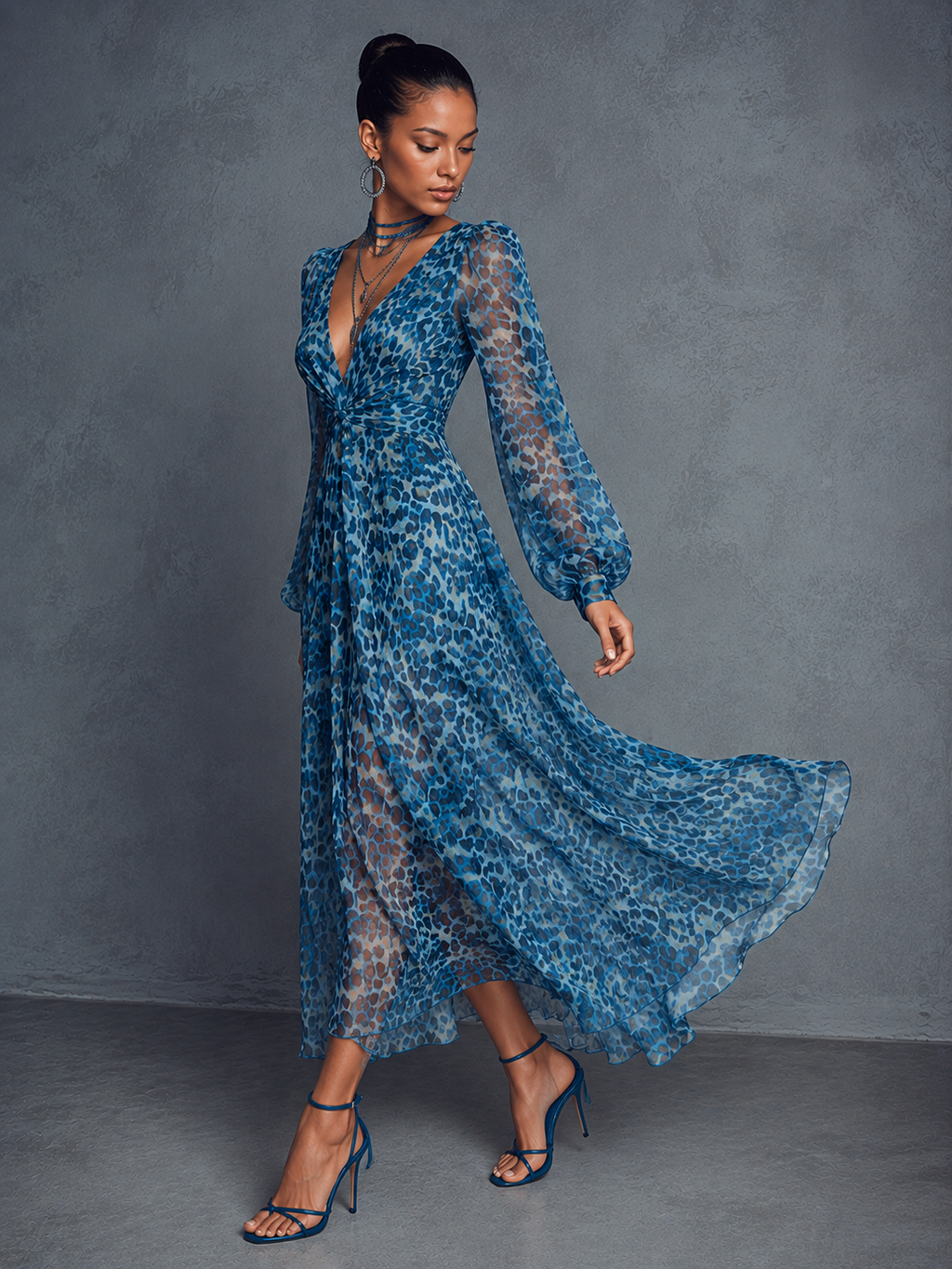 Women's Bohemian Style Blue Floral Print V-Neck Lantern Sleeve Chiffon Maxi Dress MDZ1067B8BA