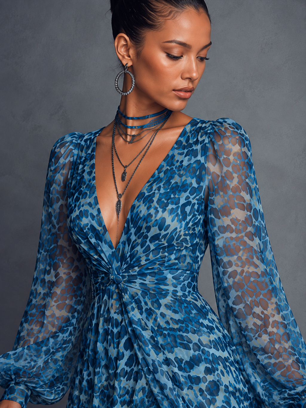 Women's Bohemian Style Blue Floral Print V-Neck Lantern Sleeve Chiffon Maxi Dress MDZ1067B8BA