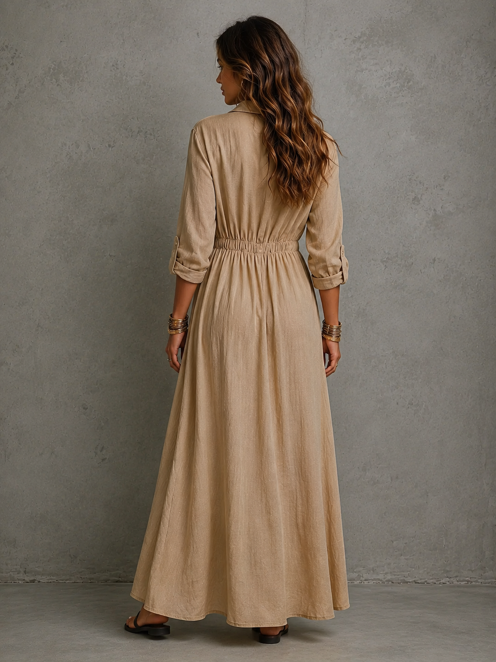 Women's Casual Khaki Cotton-Linen Maxi Dress — V-Neck, Mid-Length Sleeves, Elastic Waist MDZ1169D3LXY