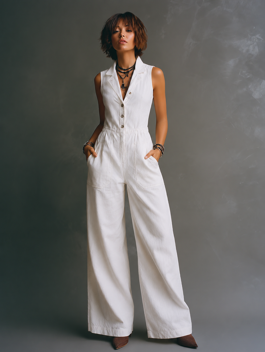 Cotton Single-Breasted Pocketed Wide-Leg Jumpsuit