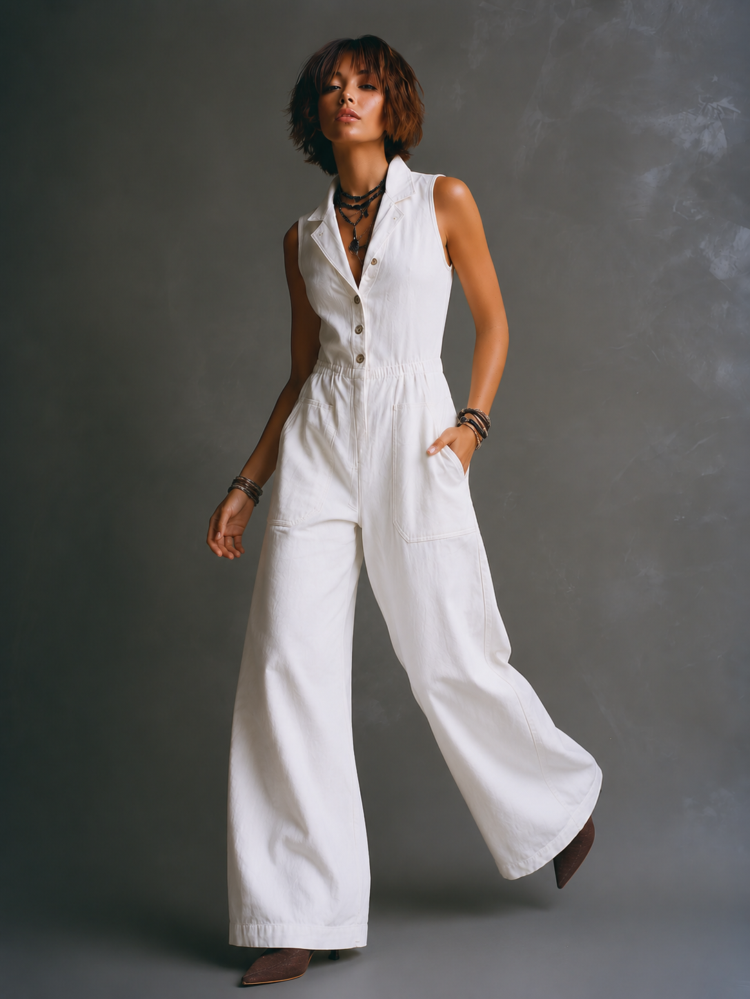 Cotton Single-Breasted Pocketed Wide-Leg Jumpsuit