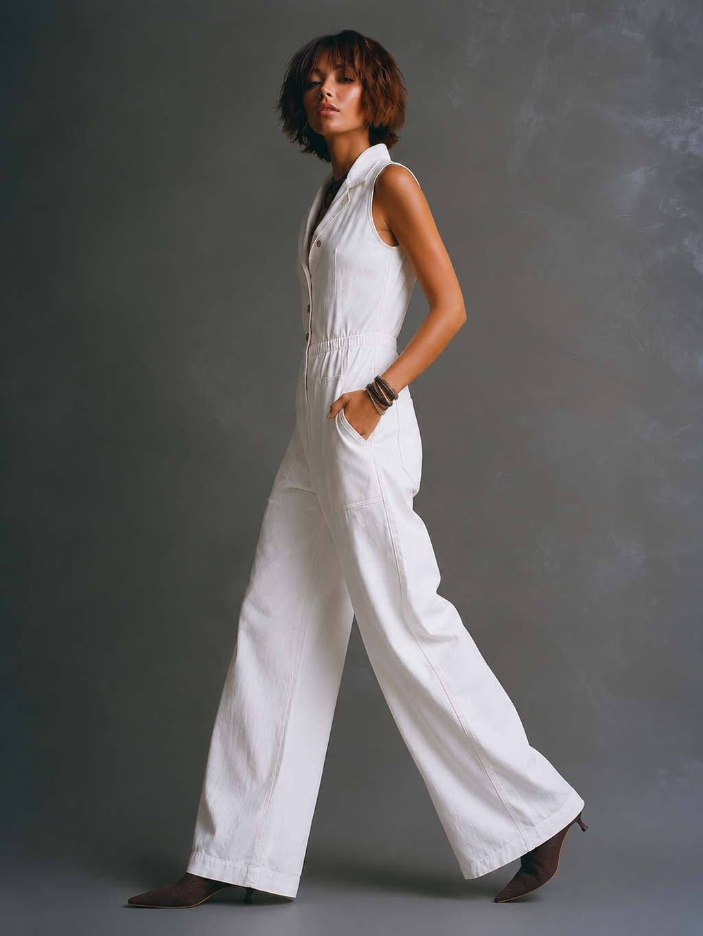 Cotton Single-Breasted Pocketed Wide-Leg Jumpsuit