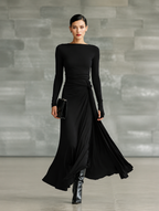 Women's Black High-Neck High-Stretch Knitted And Satin Flared Maxi Dress MDA2851J4T