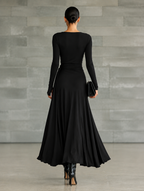 Women's Black High-Neck High-Stretch Knitted And Satin Flared Maxi Dress MDA2851J4T