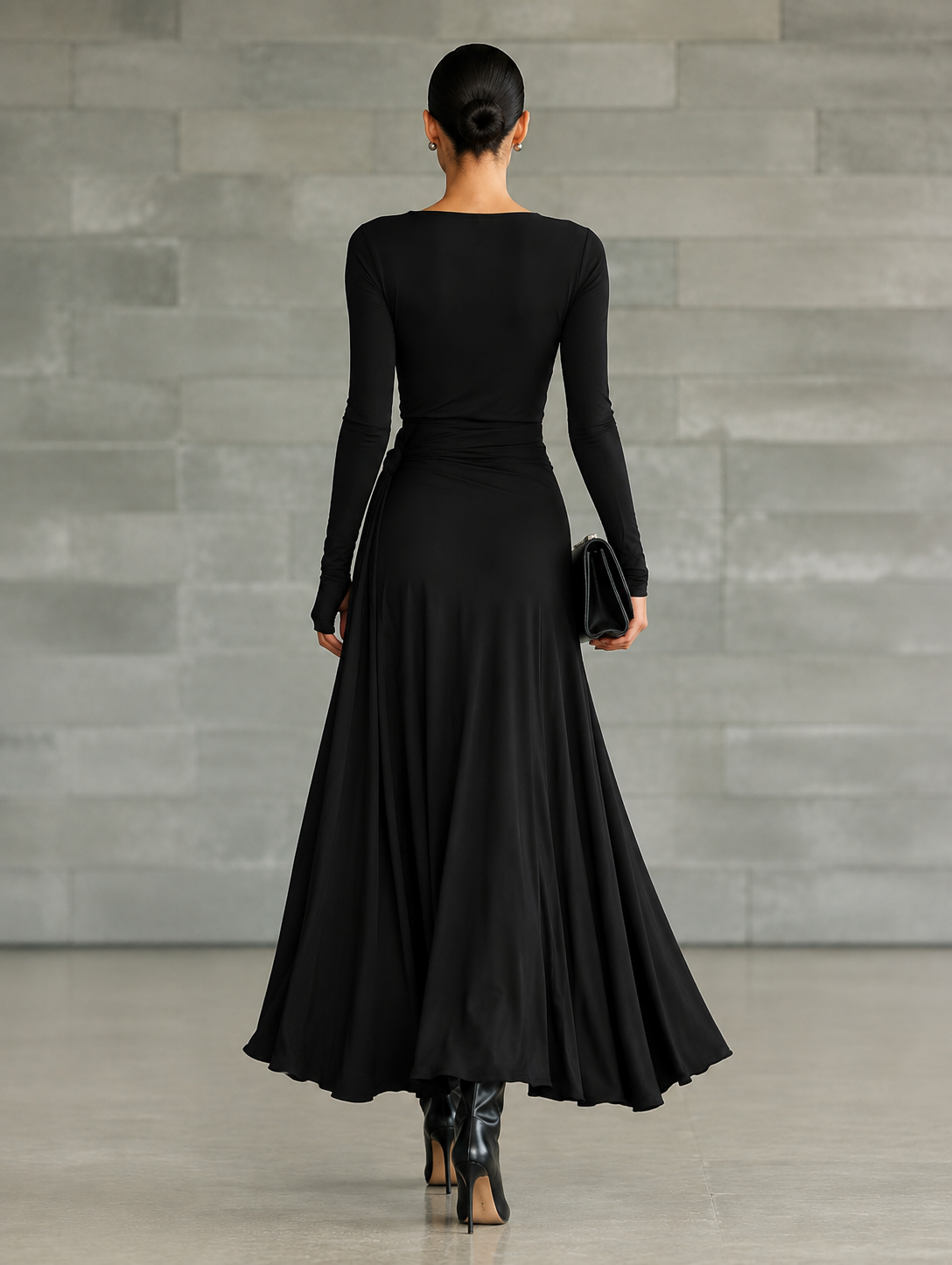 Women's Black High-Neck High-Stretch Knitted And Satin Flared Maxi Dress MDA2851J4T
