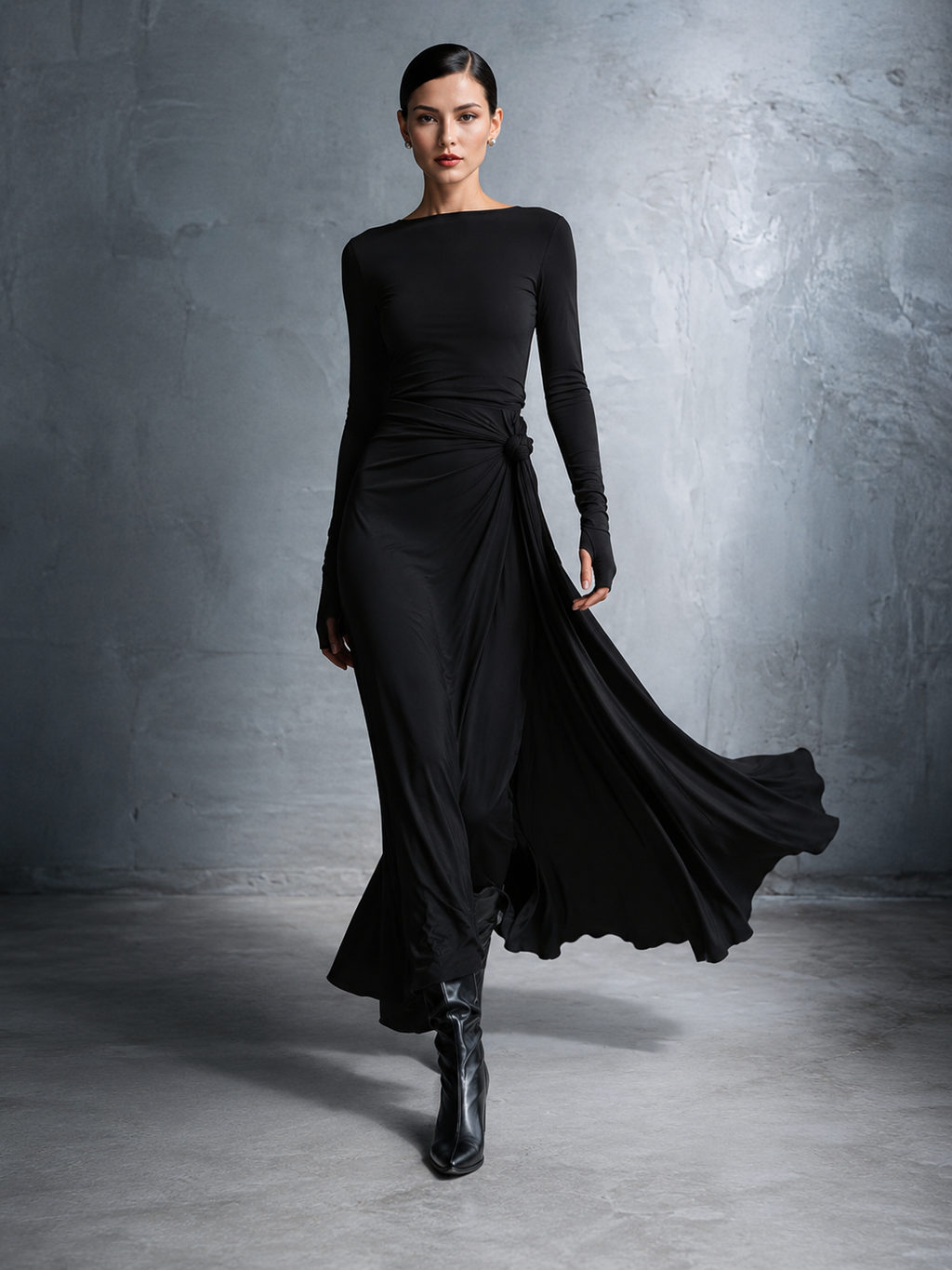 Women's Black High-Neck High-Stretch Knitted And Satin Flared Maxi Dress MDA2851J4T