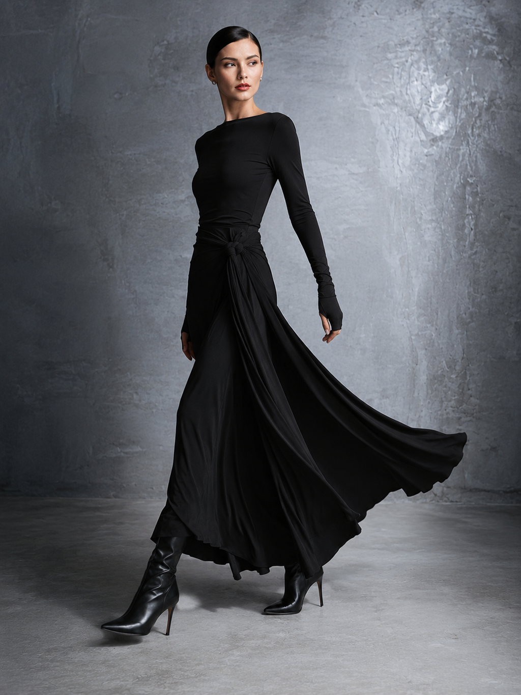 Women's Black High-Neck High-Stretch Knitted And Satin Flared Maxi Dress MDA2851J4T
