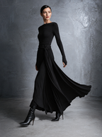Women's Black High-Neck High-Stretch Knitted And Satin Flared Maxi Dress MDA2851J4T