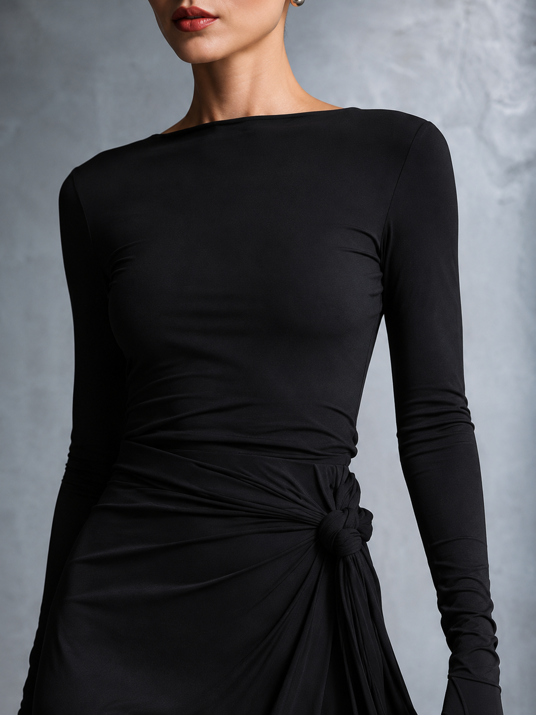 Women's Black High-Neck High-Stretch Knitted And Satin Flared Maxi Dress MDA2851J4T