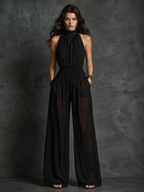 Women's Elegant Black Stretch Lace Sleeveless Maxi Dress With Shirt Collar (Belt Not Included) MDZ0900D4LXY