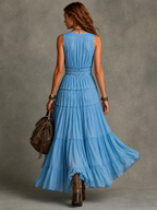 Women's Casual Light Blue Chiffon Sleeveless V-Neck Maxi Dress MDZ1741D5LXY