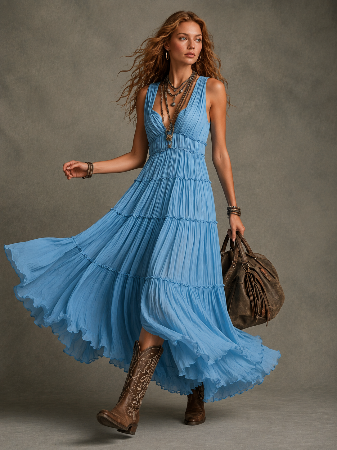 Women's Casual Light Blue Chiffon Sleeveless V-Neck Maxi Dress MDZ1741D5LXY