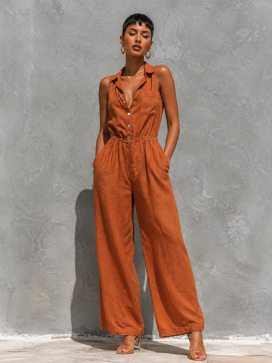 Rust Orange One-Shoulder Crop Top & Fringe Wide-Leg Set