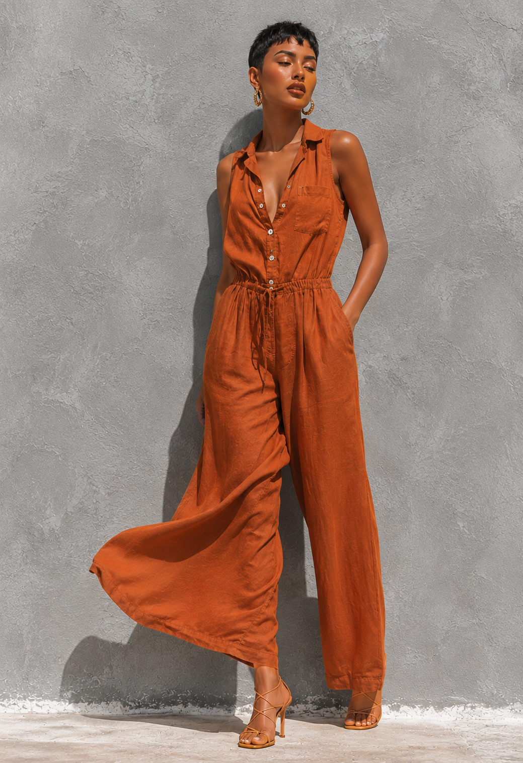 Rust Orange One-Shoulder Crop Top & Fringe Wide-Leg Set